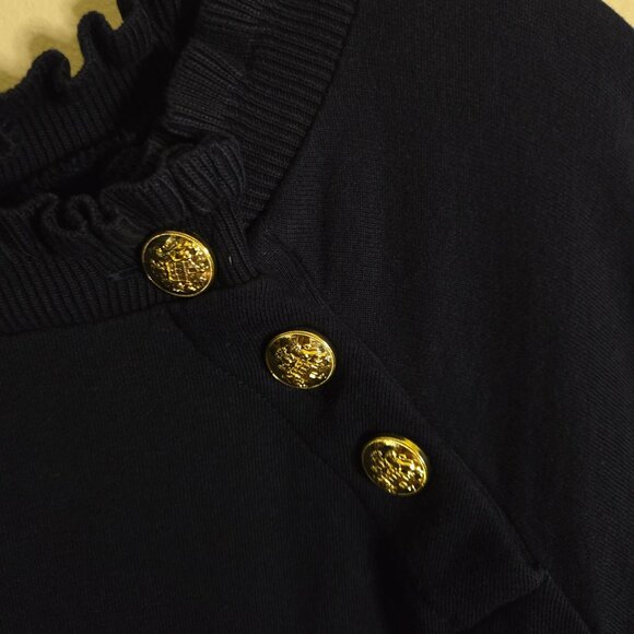 Talbots Ruffle Trim Raglan Sweatshirt Navy Gold Button Detail Size XL - Picture 4 of 7